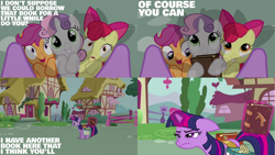 Size: 1280x720 | Tagged: safe, edit, edited screencap, editor:quoterific, imported from derpibooru, screencap, apple bloom, scootaloo, sweetie belle, twilight sparkle, earth pony, pegasus, pony, unicorn, hearts and hooves day (episode), season 2, adorabloom, apple bloom's bow, bag, book, bow, c:, cute, cutealoo, cutie mark crusaders, diasweetes, female, filly, hair bow, magic, mare, open mouth, saddle bag, smiling, telekinesis, unicorn twilight