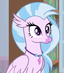 Size: 424x480 | Tagged: safe, imported from ponybooru, screencap, silverstream, sky beak, hippogriff, animated, blinking, ears, expressions, floppy ears, gif, grin, gritted teeth, jewelry, library, necklace, offscreen character, smiling, solo, waving
