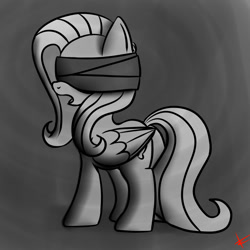 Size: 1200x1200 | Tagged: safe, artist:crade, fluttershy, pegasus, pony, blindfold, female, lineart, mare, missing limb, monochrome, solo, solo female