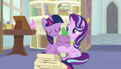 Size: 444x255 | Tagged: safe, edit, edited screencap, imported from ponybooru, screencap, spike, starlight glimmer, twilight sparkle, alicorn, dragon, pony, unicorn, a horse shoe-in, animated, cropped, eyes closed, hug, scroll, starlight's office, trio, twilight sparkle (alicorn), winged spike