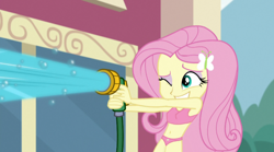 Size: 1080x601 | Tagged: safe, artist:twinet, edit, edited screencap, imported from derpibooru, screencap, fluttershy, dance magic, equestria girls, spoiler:eqg specials, armpits, belly button, bra, breasts, bubble, canterlot high, car wash, clothes, cute, eyeshadow, female, grin, hairpin, hose, makeup, one eye closed, panties, perky breasts, shyabetes, smiling, solo, underwear, water, wink