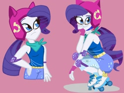 Size: 1024x768 | Tagged: safe, artist:nene, imported from derpibooru, rarity, equestria girls, friendship games, bandana, blushing, breasts, busty rarity, cute, elbow pads, female, helmet, knee pads, looking at you, purple background, raribetes, roller skates, simple background, sleeveless, smiling, solo, squatting