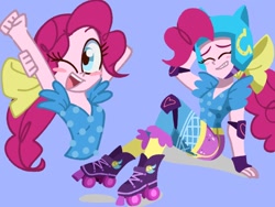 Size: 1024x768 | Tagged: safe, artist:nene, imported from derpibooru, pinkie pie, equestria girls, friendship games, rainbow rocks, alternate hairstyle, blue background, blushing, breasts, cute, diapinkes, elbow pads, eyes closed, female, helmet, knee pads, one eye closed, open mouth, ponk, ponytail, roller skates, simple background, sitting, smiling, solo, wink