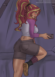 Size: 2480x3508 | Tagged: safe, artist:nire, imported from derpibooru, sunset shimmer, human, equestria girls, ass, bed, bedroom eyes, biceps femoris, blushing, boots, breasts, bunset shimmer, busty sunset shimmer, butt, camp everfree, camp everfree outfits, cellphone, clothes, denim shorts, female, high res, indoors, jumper, legs, looking at you, looking back, looking back at you, multicolored hair, one leg raised, phone, ponytail, rear view, red socks, selfie, shoes, shorts, smartphone, socks, solo, solo female, spiked headband, tan skin, tanned, tree trunks, turquoise eyes