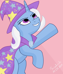 Size: 850x1000 | Tagged: safe, artist:friedrich911, imported from derpibooru, trixie, pony, unicorn, bipedal, cape, clothes, female, hat, mare, solo, teeth, trixie's cape, trixie's hat