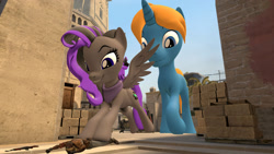 Size: 1600x900 | Tagged: safe, artist:jackchestnut, imported from derpibooru, oc, oc:jack chestnut, oc:marshy, pegasus, pony, unicorn, 3d, counter-strike: global offensive, crossover, female, giant pony, giantess, macro, male, mare, source filmmaker, stallion