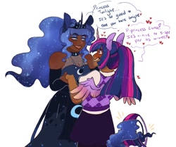 Size: 837x699 | Tagged: safe, artist:jesterfestivle, imported from derpibooru, princess luna, twilight sparkle, alicorn, human, blushing, dark skin, dialogue, eared humanization, female, heart, holding hands, horn, horned humanization, humanized, leonine tail, lesbian, shipping, simple background, speech bubble, tailed humanization, twilight sparkle (alicorn), twiluna, white background, winged humanization, wings