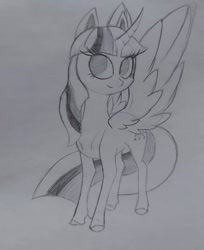 Size: 1080x1321 | Tagged: safe, artist:katkatdesign, imported from derpibooru, twilight sparkle, alicorn, pony, eyelashes, female, grayscale, horn, lineart, mare, monochrome, smiling, solo, traditional art, twilight sparkle (alicorn), wings