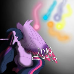 Size: 768x768 | Tagged: safe, artist:_goddesskatie_, imported from derpibooru, twilight sparkle, alicorn, pony, the last problem, 2019, crying, female, gradient background, horn, immortality blues, implied applejack, implied death, implied fluttershy, implied pinkie pie, implied rainbow dash, implied rarity, mare, older, older twilight, princess twilight 2.0, sad, solo, twilight sparkle (alicorn), wings, wisp