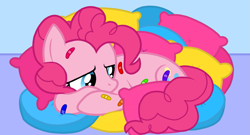 Size: 1999x1080 | Tagged: safe, artist:fruiitypieq, artist:shycookieq, imported from derpibooru, pinkie pie, earth pony, pony, bandaid, female, lying down, mare, prone, sad