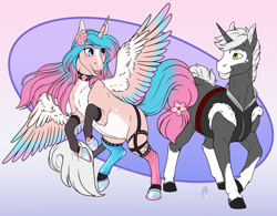 Size: 2125x1659 | Tagged: safe, artist:blackblood-queen, imported from derpibooru, imported from ponybooru, oc, oc:silvervale, oc:touken ryuujin, alicorn, pony, unicorn, alicorn oc, bald face, blaze (coat marking), blushing, clothes, coat markings, colored wings, commission, digital art, facial markings, female, gradient mane, horn, looking at each other, male, mare, multicolored wings, pale belly, ponified, rearing, silvervale, smiling, socks (coat markings), stallion, unicorn oc, vshojo, vtuber, wings