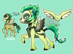 Size: 700x525 | Tagged: safe, artist:lavvythejackalope, imported from derpibooru, oc, oc only, pegasus, pony, eyes closed, hoof fluff, male, pegasus oc, raised hoof, redraw, reference sheet, skull, stallion, tattoo, wings