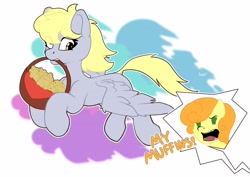 Size: 4096x2896 | Tagged: safe, alternate version, artist:avery-valentine, edit, imported from derpibooru, carrot top, derpy hooves, golden harvest, earth pony, pegasus, pony, basket, food, mouth hold, muffin, muffin thief, text, text edit