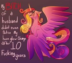 Size: 4065x3588 | Tagged: safe, artist:unfinishedheckery, imported from derpibooru, princess cadance, alicorn, pony, crying, dialogue, digital art, horn, makeup, out of character, princess bitchdance, running makeup, spread wings, tail, talking, text, vulgar, wings