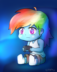 Size: 960x1200 | Tagged: safe, artist:empyu, imported from derpibooru, rainbow dash, equestria girls, chibi, clothes, controller, playing, sitting, socks, solo, stocking feet, younger