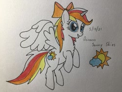 Size: 721x541 | Tagged: safe, artist:carty, imported from derpibooru, oc, oc:sunny skies, alicorn, pony, bow, cute, female, flying, hair bow, mare, smiling, traditional art