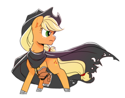 Size: 1098x860 | Tagged: source needed, safe, alternate version, artist:yokokinawa, imported from derpibooru, applejack, cyborg, earth pony, pony, alternate cutie mark, amputee, appleborg, cape, clothes, cowboy hat, cross, female, freckles, hat, mare, prosthetic limb, prosthetics, serious, simple background, solo, vampire hunter, white background