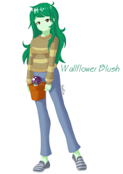 Size: 4961x7016 | Tagged: safe, artist:vectis, imported from derpibooru, wallflower blush, equestria girls, clothes, female, freckles, jeans, pants, plants vs zombies, scaredy-shroom, simple background, smiling, solo, sweater