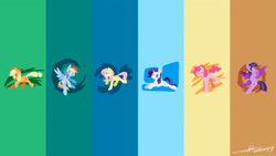 Size: 3840x2160 | Tagged: safe, artist:supermoix, derpibooru exclusive, edit, imported from derpibooru, applejack, fluttershy, pinkie pie, rainbow dash, rarity, twilight sparkle, alicorn, earth pony, pegasus, pony, unicorn, abstract background, cowboy hat, cute, dashabetes, diapinkes, female, flying, folded wings, hat, high res, jackabetes, lineless, looking at you, mane six, mare, no pupils, one eye closed, open mouth, raribetes, shyabetes, signature, simple background, spread wings, sweet dreams fuel, twiabetes, twilight sparkle (alicorn), wallpaper, wallpaper edit, wings, wink