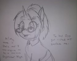 Size: 2048x1622 | Tagged: safe, artist:pony quarantine, imported from derpibooru, oc, oc only, oc:helia, alicorn, pony, dialogue, female, filly, glasses, grayscale, monochrome, pencil drawing, solo, traditional art