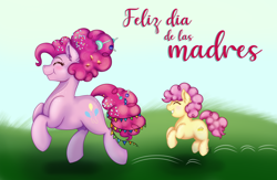Size: 2000x1304 | Tagged: safe, artist:shamy-crist, imported from derpibooru, li'l cheese, pinkie pie, pony, the last problem, eyes closed, female, grin, male, mother and child, mother and son, mother's day, older, pronking, smiling, spanish