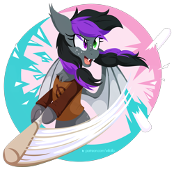 Size: 3000x3000 | Tagged: safe, artist:willoillo, imported from derpibooru, oc, oc only, oc:candlelight sonata, bat, bat pony, pony, ball, baseball bat, bat pony oc, bat wings, clothes, cosplay, costume, heterochromia, high res, mae borowski, night in the woods, wings