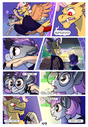 Size: 2100x3000 | Tagged: safe, artist:loryska, imported from derpibooru, oc, oc:larkspur, oc:niko, draconequus, earth pony, hybrid, pony, comic:friendship grows, glasses, hand bite, high res, interspecies offspring, male, offspring, parent:derpy hooves, parent:discord, parent:doctor whooves, parent:fluttershy, parents:discoshy, parents:doctorderpy, stallion