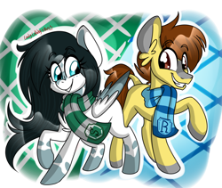 Size: 1280x1082 | Tagged: safe, artist:ladylullabystar, imported from derpibooru, oc, oc only, earth pony, pegasus, pony, clothes, female, harry potter (series), male, mare, ravenclaw, scarf, slytherin, stallion