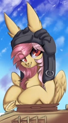 Size: 865x1560 | Tagged: dead source, safe, artist:hydrargyrum, imported from derpibooru, oc, oc only, oc:cotton seams, pegasus, pony, clothes, hat, looking at you, simple background, solo, tank (vehicle)