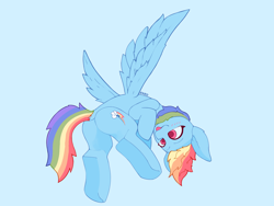 Size: 2224x1668 | Tagged: safe, alternate version, artist:enzodoesart, imported from derpibooru, rainbow dash, pegasus, pony, :p, blushing, dock, featureless crotch, female, flying, high res, looking down, low angle, multicolored hair, rainbow hair, simple background, solo, tongue out