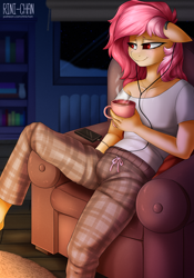 Size: 2000x2864 | Tagged: safe, artist:rinikka, imported from derpibooru, oc, oc only, oc:cotton seams, anthro, pegasus, armchair, bookshelf, chair, clothes, cup, detailed background, earbuds, food, high res, night, not flutterbat, not fluttershy, pajamas, phone, rug, sitting, snow, snowfall, solo, tea, window