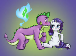 Size: 600x445 | Tagged: safe, artist:pia-sama, imported from derpibooru, rarity, spike, dragon, pony, unicorn, blushing, body swap, fanfic, fanfic art, fanfic cover, female, gigachad spike, horn, horn ring, jewelry, male, mare, older, older spike, quadrupedal spike, ring, shipping, sparity, straight, wingless spike