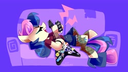 Size: 4096x2301 | Tagged: safe, artist:nekosnicker, imported from derpibooru, bon bon, sweetie drops, pony, clothes, couch, electric guitar, eyes closed, guitar, lesbian pride flag, lying down, musical instrument, playing instrument, pride, pride flag, ripped stockings, shirt, shorts, simple background, smiling, socks, solo, sticker, stockings, studded bracelet, t-shirt, thigh highs, torn clothes, wristband