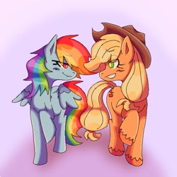 Size: 1080x1080 | Tagged: safe, artist:telelio_, imported from derpibooru, applejack, rainbow dash, pony, appledash, blushing, female, half-closed eyes, half-lidded eyes, hat, lesbian, looking at each other, pixel art, raised hoof, shadow, shipping, smiling, smirk, symmetrical, trotting, unshorn fetlocks, walking, walking towards you