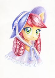Size: 859x1200 | Tagged: safe, artist:maytee, imported from derpibooru, roseluck, earth pony, pony, alternate hairstyle, bonnet, bust, clothes, colored pencil drawing, hat, portrait, simple background, solo, traditional art, white background