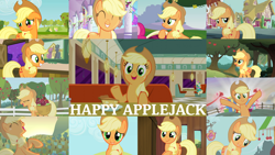Size: 1280x721 | Tagged: safe, edit, edited screencap, editor:quoterific, imported from derpibooru, screencap, applejack, honey curls, mare e. lynn, pinkie pie, earth pony, pony, a canterlot wedding, applejack's "day" off, bats!, call of the cutie, crusaders of the lost mark, hearthbreakers, princess twilight sparkle (episode), the last roundup, the saddle row review, the show stoppers, the ticket master, too many pinkie pies, ^^, apple, apple family member, applejack's hat, blushing, cowboy hat, cute, eyes closed, female, food, hat, jackabetes, male, mare, offscreen character, open mouth, smiling, stallion, teeth, tree