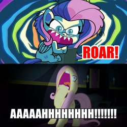 Size: 2289x2289 | Tagged: safe, edit, edited screencap, imported from derpibooru, screencap, fluttershy, pegasus, pony, my little pony: pony life, scare master, season 5, unboxing day, box, caption, comic, female, flutterscream, fluttershy is best face maker, g4.5, generational ponidox, high res, onomatopoeia, open mouth, pony life, prank, roar, scared, screaming, screencap comic, sharp teeth, solo, teeth, text, twilight's castle
