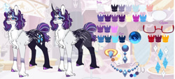 Size: 1280x577 | Tagged: safe, artist:malinraf1615, imported from derpibooru, rarity, pony, unicorn, alternate design, alternate hairstyle, chest fluff, curved horn, ear piercing, earring, female, glasses, horn, jewelry, magic, mare, markings, necklace, piercing, redesign, reference sheet, ring, solo, unshorn fetlocks, wedding ring