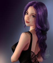 Size: 1200x1408 | Tagged: safe, artist:magfen, imported from derpibooru, rarity, human, alternate hairstyle, black dress, breasts, clothes, dress, eyeshadow, female, humanized, jewelry, lipstick, makeup, necklace, pearl necklace, photorealistic, realistic, sleeveless, solo