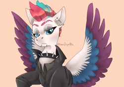 Size: 995x705 | Tagged: safe, artist:superduperath, imported from derpibooru, zipp storm, pegasus, pony, badass, choker, clothes, edgy, female, g5, industrial piercing, jacket, leather jacket, mare, metalhead, orange background, piercing, simple background, snake bites, solo, spiked choker, spread wings, wings