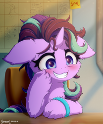 Size: 2000x2400 | Tagged: safe, artist:symbianl, imported from derpibooru, starlight glimmer, pony, unicorn, student counsel, blushing, bracelet, cheek fluff, chest fluff, cute, ear fluff, female, floppy ears, fluffy, glimmerbetes, grin, high res, holding head, hoof fluff, jewelry, leg fluff, nervous, nervous grin, smiling, solo, solo female, starlighting, stressed, symbianl is trying to murder us