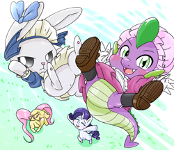 Size: 1480x1280 | Tagged: safe, artist:batipin, imported from derpibooru, angel bunny, fluttershy, rarity, spike, dragon, pegasus, pony, rabbit, unicorn, angel bunny is not amused, angel is a bunny bastard, angel is not amused, animal, anus, blushing, butt, clothes, crossdressing, eyes closed, fluttershy likes femboys, maid, open mouth, simplistic anus, unamused, varying degrees of amusement