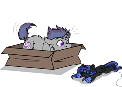 Size: 1152x821 | Tagged: safe, alternate version, artist:rokosmith26, imported from derpibooru, part of a set, nightmare moon, oc, oc only, oc:verlo streams, pony, unicorn, alternate character, bait, behaving like a cat, box, butt fluff, cheek fluff, commission, eyes on the prize, floppy ears, fluffy, horn, if i fits i sits, imminent pounce, looking at something, lying down, male, part of a series, plushie, pony in a box, roko's hunting ponies, simple background, solo, stallion, string, tail, toy, transparent background, ych result