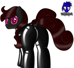 Size: 4154x3840 | Tagged: safe, artist:damlanil, imported from derpibooru, oc, oc:nightshade, pegasus, pony, butt, catsuit, clothes, commission, dock, female, hypnosis, hypnotized, latex, latex suit, looking at you, looking back, looking back at you, mare, plot, rubber, shiny, shiny mane, show accurate, suit, swirly eyes, vector, wings