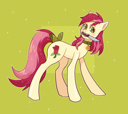 Size: 1704x1520 | Tagged: safe, artist:induk, imported from derpibooru, roseluck, earth pony, pony, blushing, bow, collar, commission, commissioner:doom9454, cute, fangs, knife, mouth hold, pet tag, pony pet, rosepet, sparkly eyes, tail bow, wingding eyes