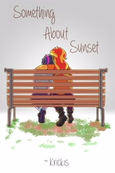 Size: 2400x3600 | Tagged: safe, artist:applejackofalltrades, imported from derpibooru, sci-twi, sunset shimmer, twilight sparkle, fanfic:something about sunset, equestria girls, bench, fanfic, fanfic art, fanfic cover, female, from behind, high res, lesbian, scitwishimmer, shipping, simple background, sunsetsparkle, text, white background