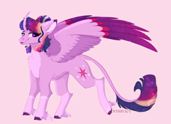 Size: 2409x1748 | Tagged: safe, artist:nyota71, imported from derpibooru, twilight sparkle, alicorn, pony, alternate design, alternate hairstyle, belly fluff, chest fluff, cloven hooves, colored ears, colored eartips, colored hooves, colored wings, curved horn, ethereal mane, female, hair bun, horn, leonine tail, looking at you, mare, markings, multicolored wings, redesign, smiling, solo, starry wings, twilight sparkle (alicorn), unshorn fetlocks, wings