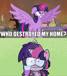 Size: 1280x1440 | Tagged: safe, edit, edited screencap, imported from derpibooru, screencap, twilight sparkle, alicorn, pony, my little pony: pony life, potion mystery, twilight's kingdom, angry, exploitable meme, explosion, female, g4, g4.5, generational ponidox, glowing horn, goggles, golden oaks library, horn, mare, meme, obligatory pony, pony life, potion, self ponidox, spread wings, twilight sparkle (alicorn), who destroyed twilight's home, wings