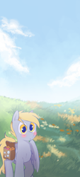 Size: 1080x2400 | Tagged: safe, artist:melonmilk, derpibooru exclusive, imported from derpibooru, derpy hooves, pegasus, pony, background, bag, cute, derpabetes, dopey hooves, food, male, muffin, nature, phone wallpaper, rule 63, rule63betes, saddle bag, scenery, solo, stallion, wallpaper