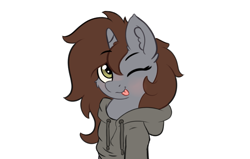 Size: 2549x1621 | Tagged: safe, artist:yelowcrom, imported from derpibooru, oc, oc only, oc:arjin, pony, unicorn, blushing, bust, cheek fluff, clothes, cute, ear fluff, hoodie, one eye closed, simple background, tongue out, wink